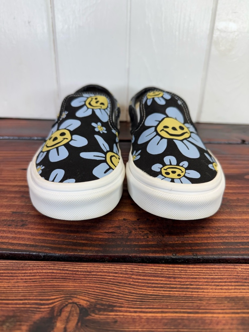 Vans Black Canvas Slip-On Sneakers with Yellow & Light Blue Smiley Flowers - Picture 2 of 8
